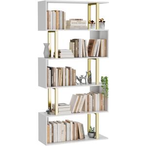 Gadroad 5 Tier Geometric Bookcase,S Shaped Bookshelf, Wood Decorative Storage Shelving, Modern Freestanding Display Shelves, Tall Book Shelf Unit for Living Room Bedroom, Gold