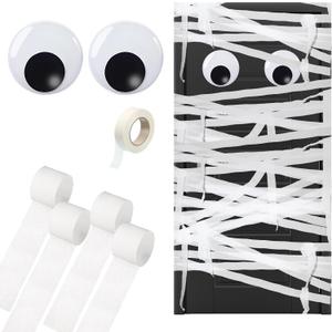 Halloween Mummy Decorating Kit with Large Googly Eyes Crepe Paper Streamers and Masking Tape for Halloween Party Door DIY Decor(White,Non-Luminous)