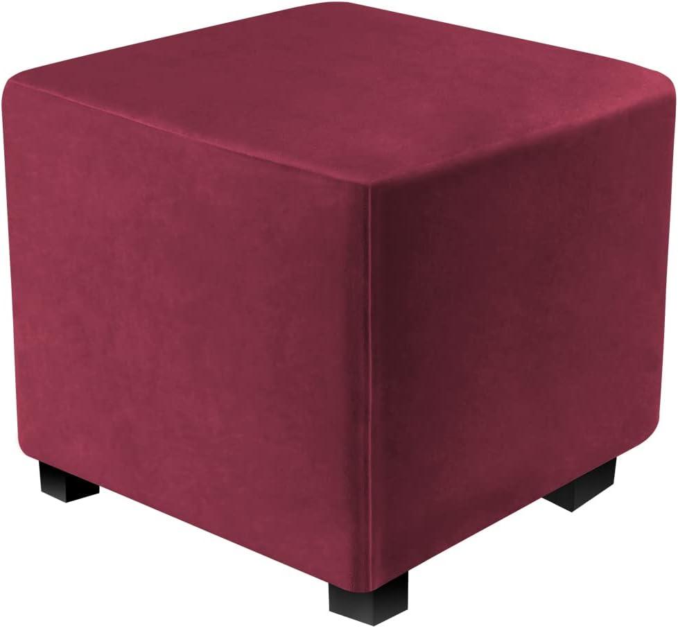 DUJUIKE Ottoman Covers Slipcover Square Ottoman Covers Protector for Footrest Foot Stool Furniture Stretch Comfortable Velvet with Elastic Bottom(Size S/Length&Width:13-18"/Height:15-18",Burgundy Red)