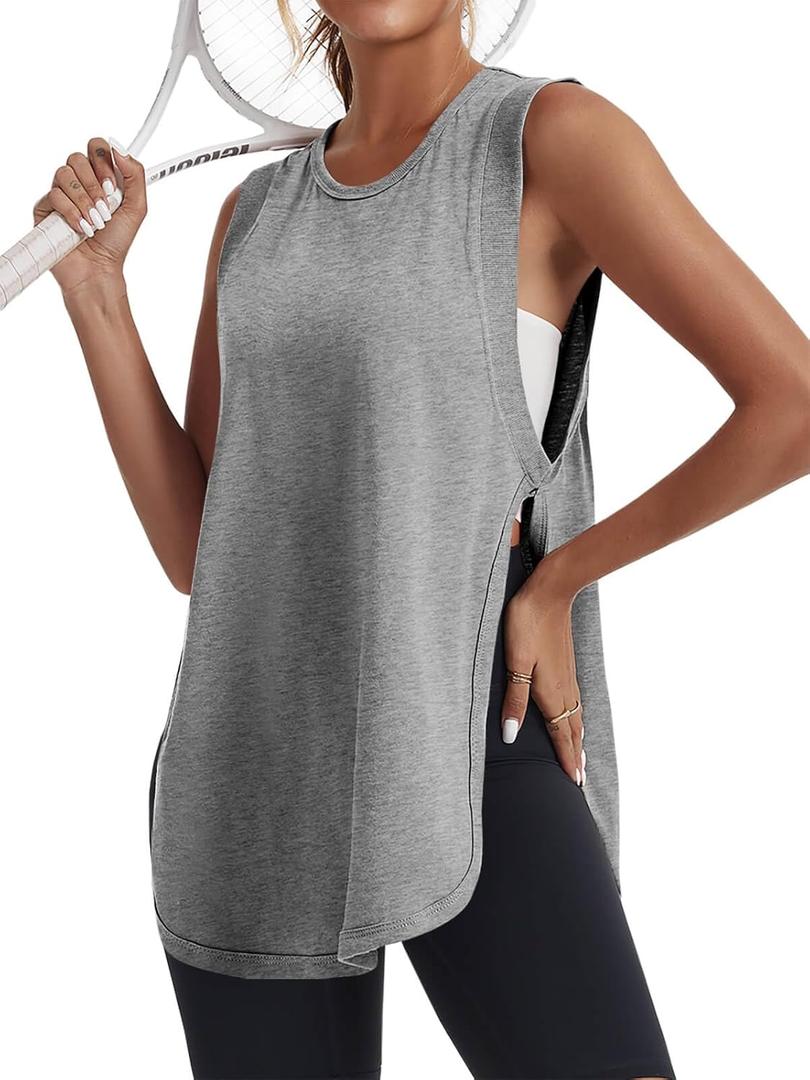 Tankaneo Womens Side Slit Workout Tank Tops Cotton Sleeveless T Shirts Oversized Summer Casual Yoga Gym Tees (Large, Grey)
