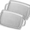 2 Pcs Silver Serving Tray Elegant Floral Metal Plate Silver Platter for Buffet Wedding Party Jewelry Decorative (Oblong with Handle)