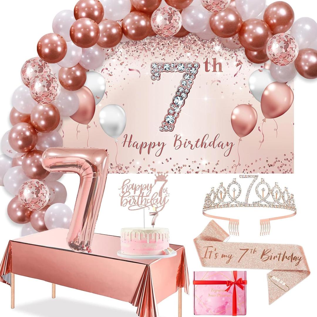 Trgowaul 7th Birthday Decorative Balloon Set Girls Arch, Rose Gold 7th Birthday Banner and Party Tablecloth, Belt and Tiara, Pink Gold 7th Balloon, Pink Birthday Cake Top, Latex Balloon * 60