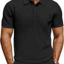 PJ PAUL JONES Polo Shirts for Men Short Sleeve Casual Knit Waffle Texture Polo Golf Shirt (Small, Black)