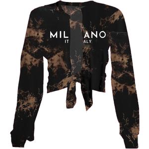 Sexy Tie-Front Tops for Women Clubwear Long-Sleeve Milano Graphic Crop Top Deep V-Neck T-Shirts Trendy (Black, S)