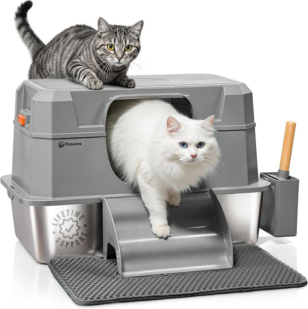 PetCove IronPaws Stainless Steel Enclosed Litter Box, XL Kit, 3 in 1 Design | Litter Box Stainless Steel with Lid for Indoor Cats, Activated Carbon Odor Eliminator, Steps, Mat & Scoop included, Blue