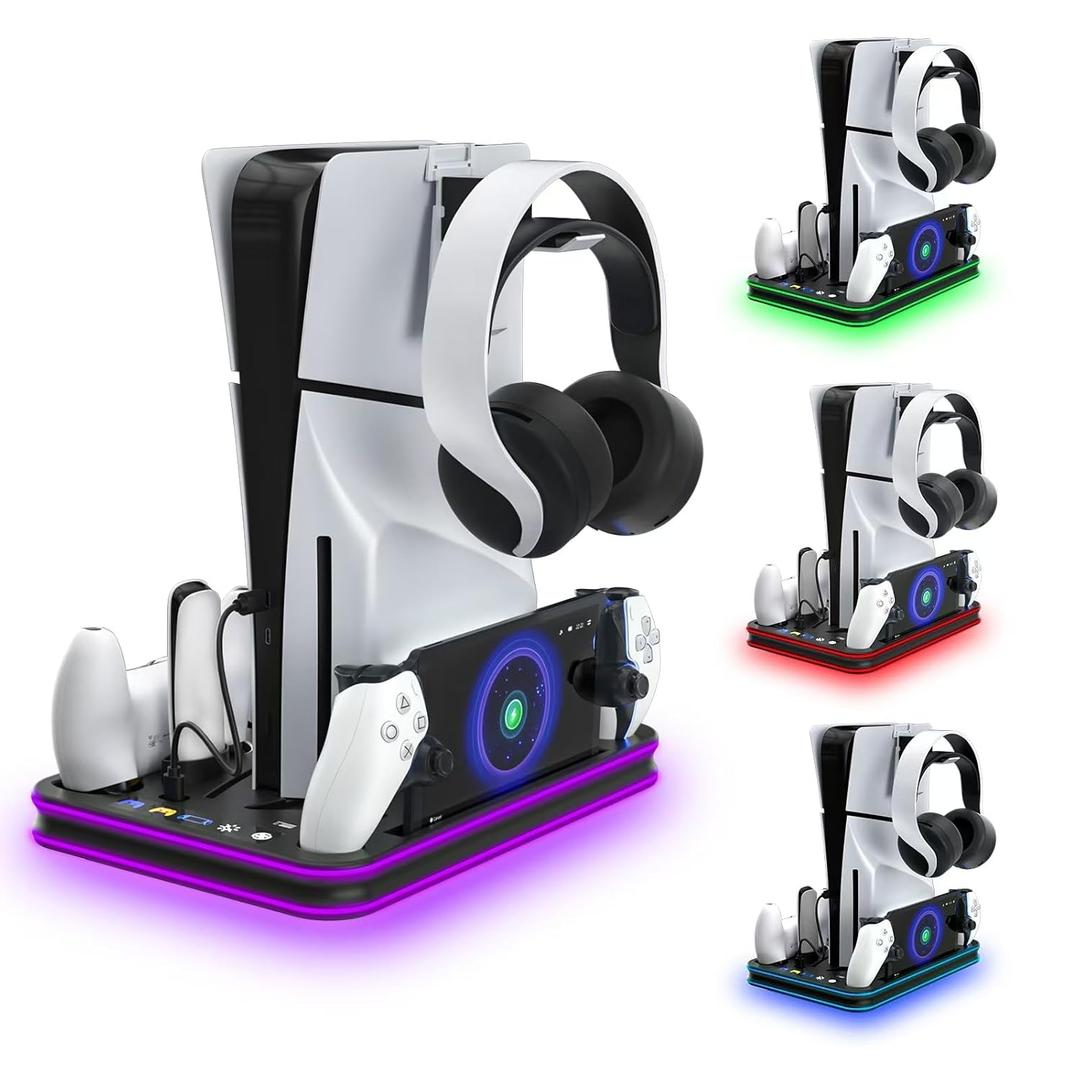 Cooling Station & RGB LED Stand for PS5/PS5 Slim - Dual Controller Charging Dock with Magnetic Charger for PlayStation 5 and PS Portal Remote  All-in-One Gaming Accessories for PS5 Slim Console (Black)