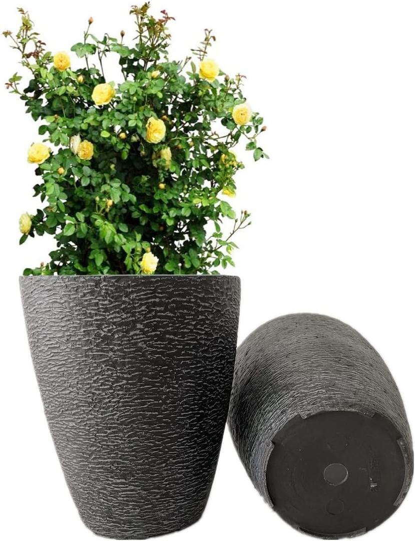 10 Inch Garden Planter Lightweight Indoor Outdoor Pots with Drainage Hole for Potted Plants Flowers Greenery, Set of 2, Black Grain Texture
