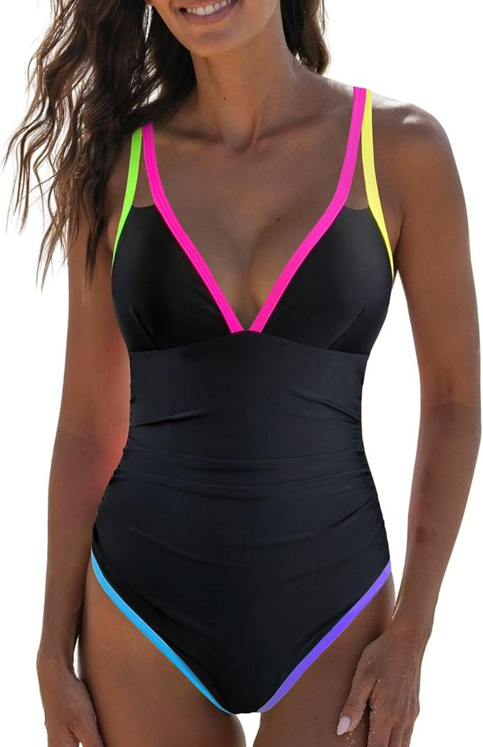 popvil Women's One Piece 2025 Tummy Control Swimsuits Neon Color Block Swimwear Deep V Neck Slimming Bathing Suit (Medium, Black1)