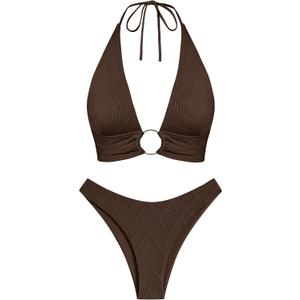ZAFUL O Ring Halter Bikini Sets for Women High Cut Swimsuits Trendy 2 Piece Bathing Suit, Large