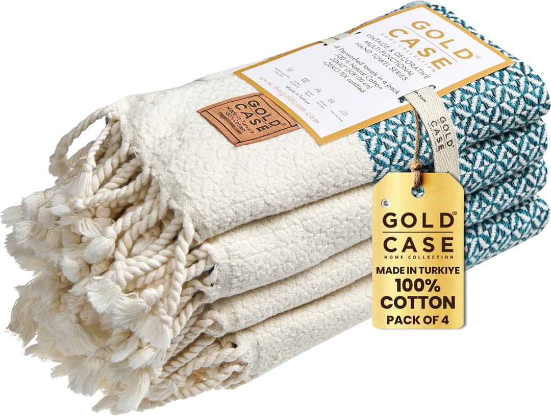 Gold CASE Turkish Hand Towels for Bathroom Set of 4  20 x 40''  100% Cotton Bathroom Towels  Aphrodite Kitchen Small Towel for Spa, Face, Tea & Dishcloth  Decorative Patterned Weave  Teal