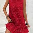 SOLY HUX Women's Ruffle Hem Sleeveless Tank Dress Round Neck Casual Jacquard Hem Smock Summer Mini Dresses (Red, S)