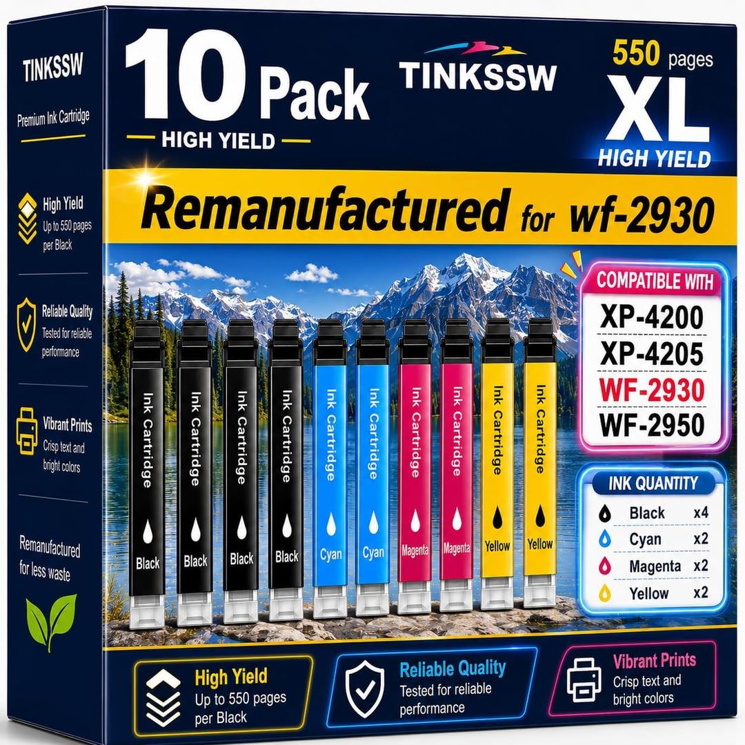 Remanufactured for Epson 232XL Ink Cartridges Combo Pack (10Pack) Latest Upgrade for 232 XL for Epson XP-4200 XP-4205 Workforce WF-2930 WF-2950 Printer 4 Black 2 Cyan 2 Magenta 2 Yellow