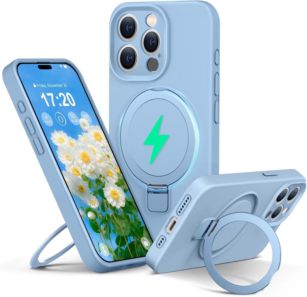 Liquid Silicone Case for iPhone 15 pro MAX with Magnetic Ring Stand, Upgraded Camera Lens Protection, Mil-Grade Drop Shockproof, Anti-Scratch Microfiber Lining Silicone Case (Azure Blue)