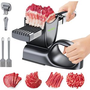SupMaKin Fresh Meat Slicer, Thickness Adjustable 2 or 4 mm, 17 IN 1 Stainless Steel Manual Meat Cutter, Cleaver Kitchen Knife, Jerky Slicer Suit for Chicken Breast Beef Pork (With SteadyGrip)