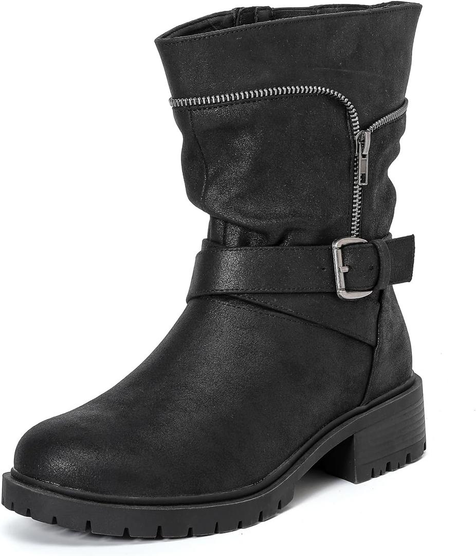 Luoika Women's Wide Width Combat Boots - Extra Wide Width Low Heel Side Zipper Slouchy Ankle Boots Short Booties, Black, Size 12W