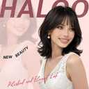 Haloo Brown Short Bob Wigs with Bangs Shoulder Length Wavy Layered Flipped Ends Natural Looking Medium Synthetic Hair Wig for Women Daily Party, 14 Inch Dark Brown