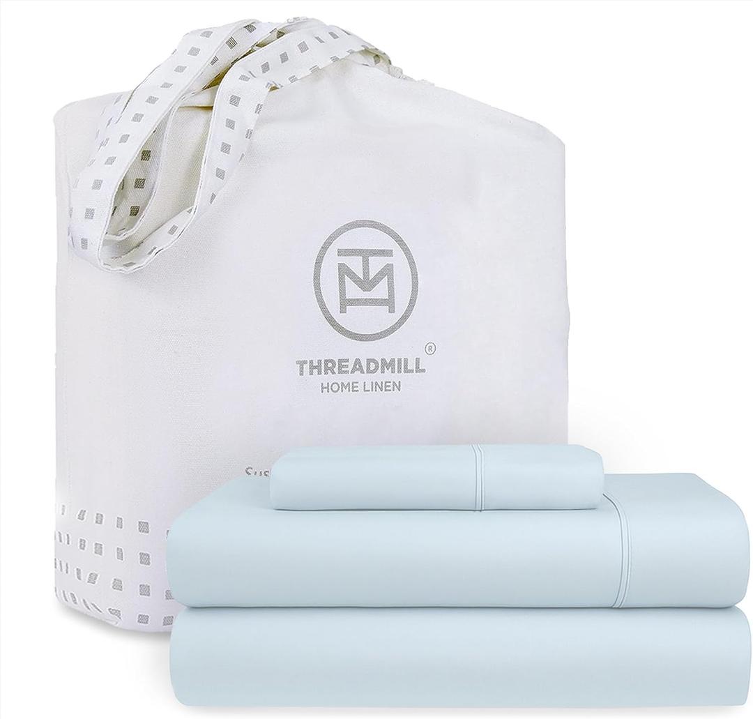 Threadmill Cotton Twin XL Sheet Set | 100% Cotton Sheets for Twin XL Size Bed | Solid Sateen Twin XL Bed Sheets Set with 16 Deep Pocket | Soft Breathable 3-Piece Cooling Sheets | Light Blue