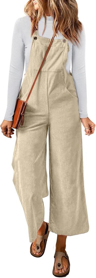 Happy Sailed Women Corduroy Overalls Winter Fall Casual Loose Sleeveless Adjustable Strap Wide Leg Jumpsuits with Pockets (Large, Off-white)