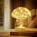 JBGIYOSG Glass Mushroom Table Lamp, 5.9" Cute LED Night Light for Home Decor, Battery Operated (3 AA), Modern Ambient Light for Living Room Bedroom Office Clear