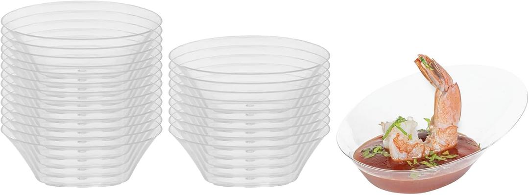 Restaurantware 4 x 2.9 x 1.3 Inch Mini Tasting Dishes 100 Disposable Mini Dessert Dishes - Oval Ellipse Design Clear Plastic Appetizer Dishes Serve Samples or Snacks For Parties or Weddings