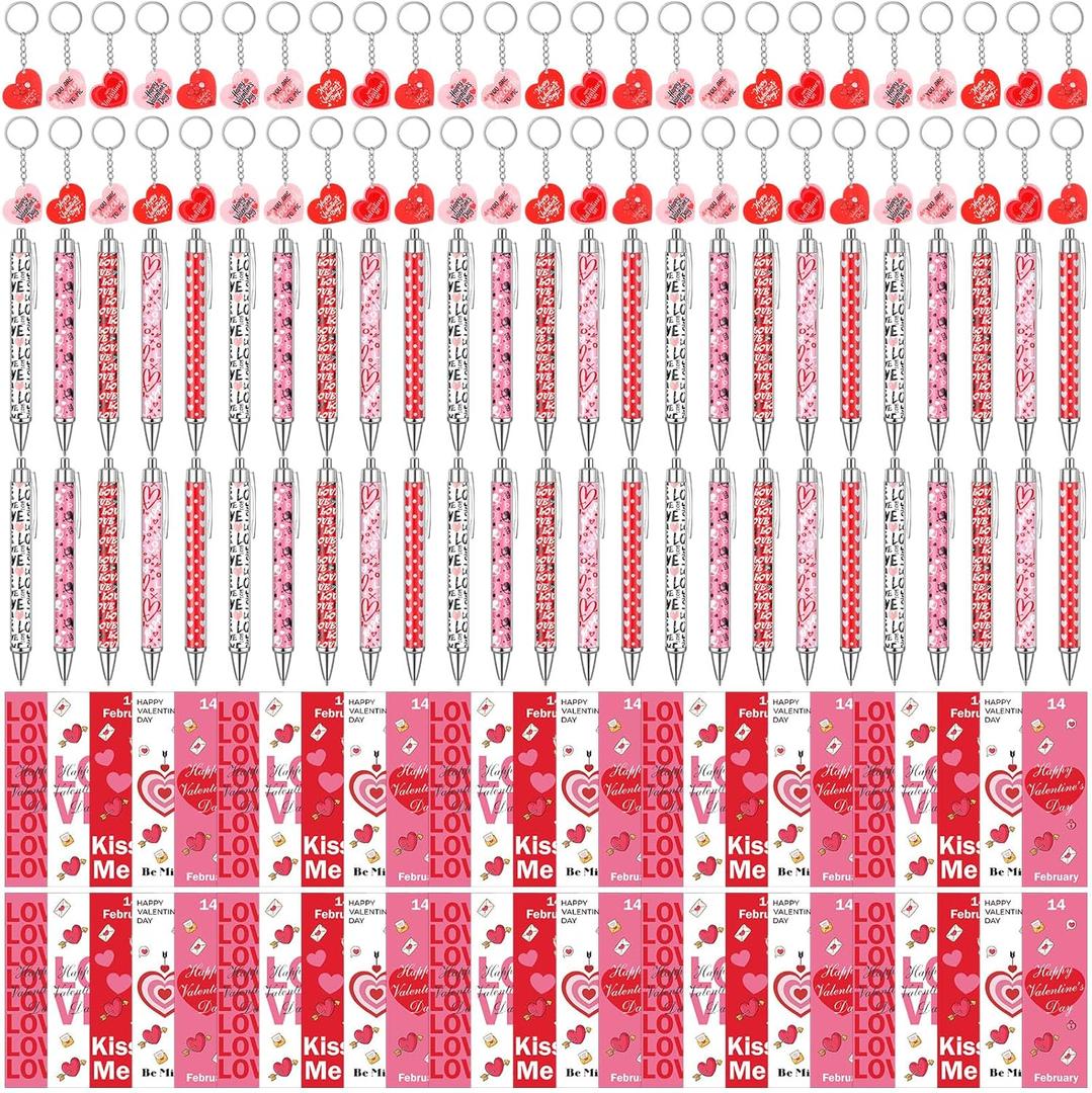 150 Pcs Valentine's Day Gift Bulk Set 50 Ballpoint Pens, 50 Heart Keychains, 50 Greeting Cards, Valentine Exchange Gift Party Favors