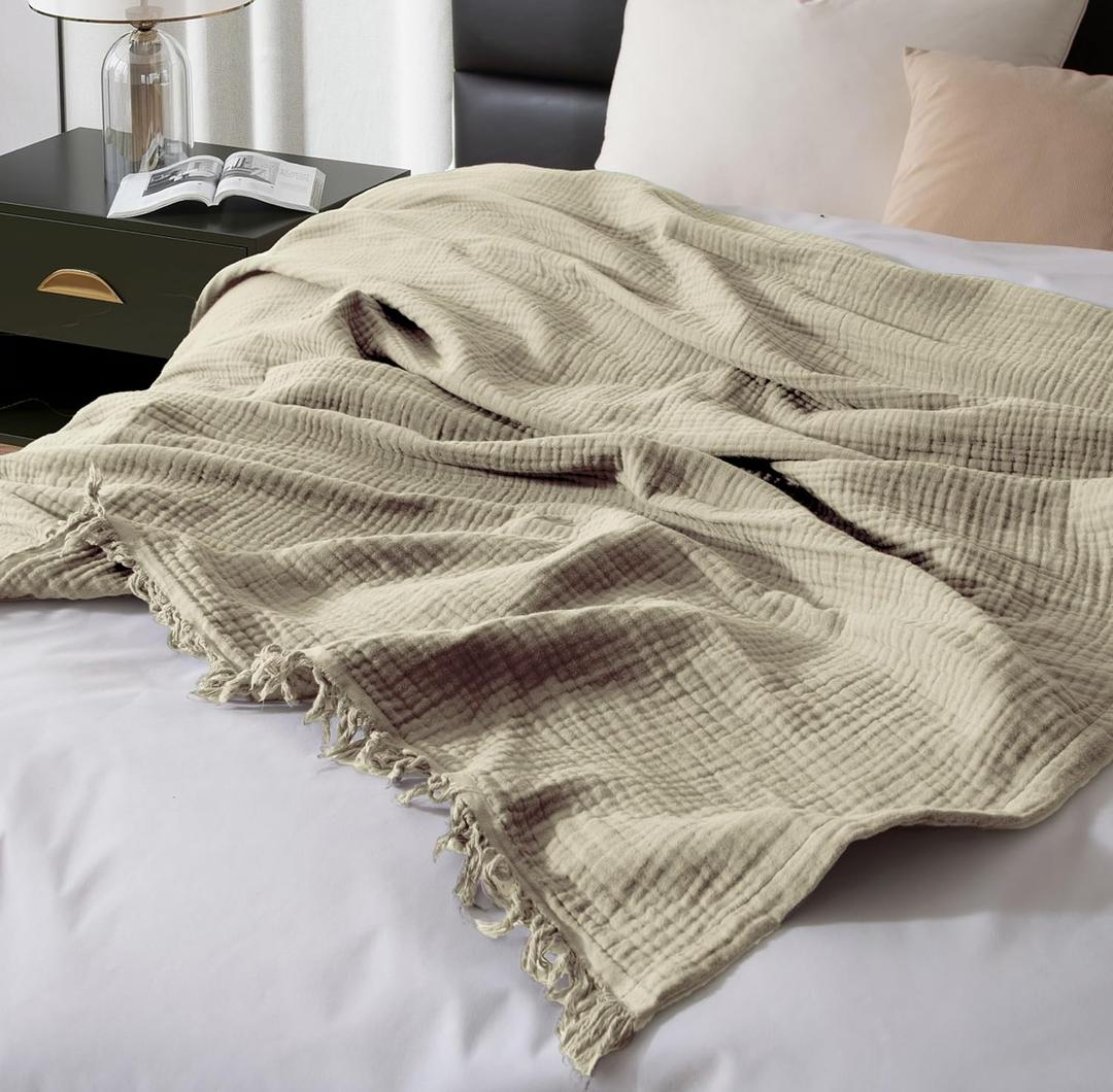 KyraHome 100% Organic Cotton 90"x104" King Cotton Throw Blanket for Adult, Pre-Washed Plant Dyed, Breathable Lightweight Soft Muslin Bed Blanket, All Season (Oatmeal Khaki)