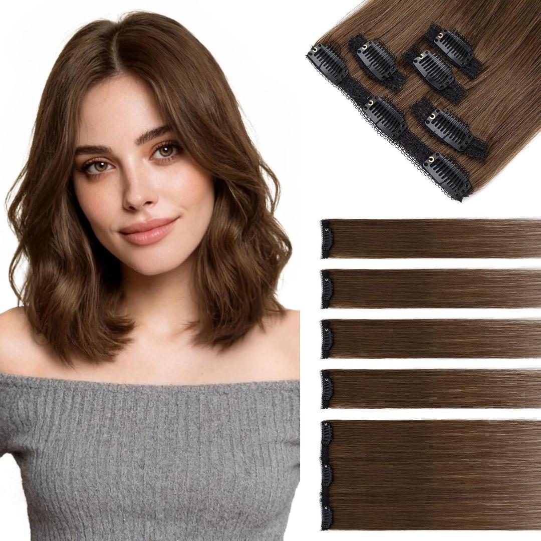 Hairro 5PCS 7 Clips In Short Hair Extensions Real Human Hair Small Clip-in Hairpiece For Women 10 Inch Mini Clip On For Thin Hair 36g #04 Medium Brown