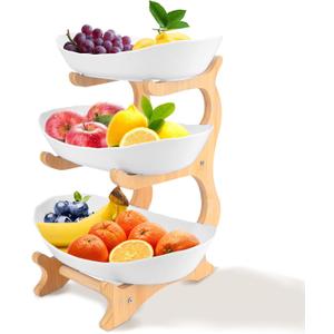 RETON 3 Tier Fruit Bowl for Kitchen Countertop, Plastic Fruit Basket Rack with Bamboo Wood Stand for Tiered Vegetable Storage Tray, Salad Cake Snack Dessert Party (White)