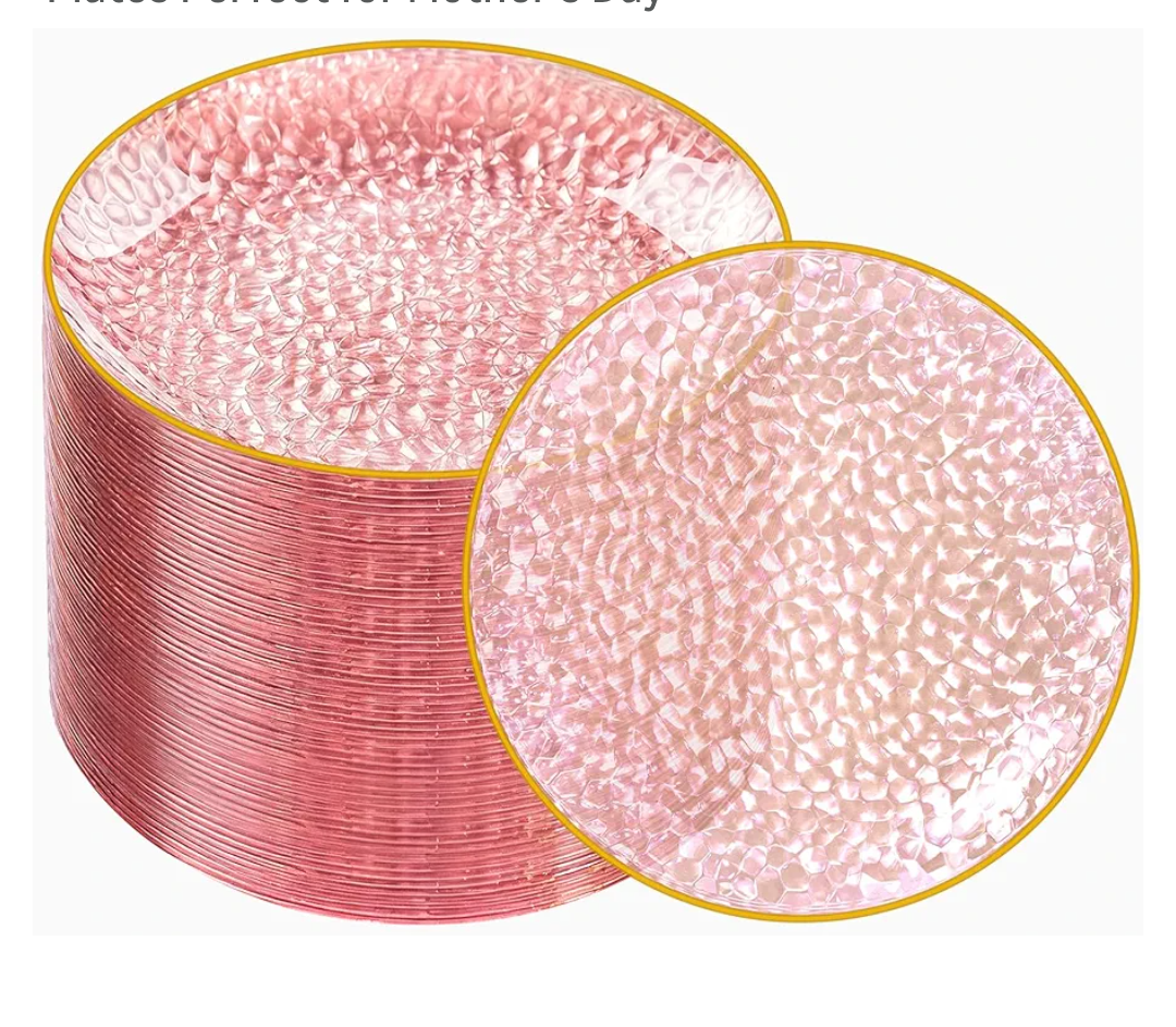 DaYammi 100 Pcs Pink Gold Dessert Plates hammered party plates, Pink Disposable Plates With Gold Rim, 7 Inch Dessert Platos Disposable, Plastic Appetizer Plates Perfect for Mother's Day