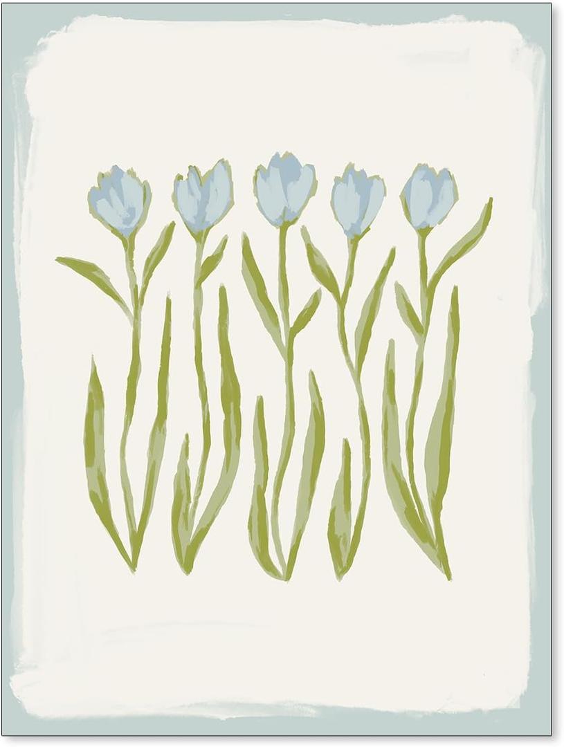 GO-SANTNN Blue and Green Tulip Floral Wall Art Vintage Cute Preppy Botanical Canvas Poster Modern Nature Plant Cottagecore Prints for Living Room Bedroom Wall Decor 12x16 inch Unframed