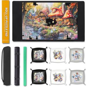 Lwoeo Jigsaw Puzzle Mat Roll Up 1000 Pieces, Smooth Top Saver Pad 34.6" x 22.8" with 6 Sorting Trays & Travel Storage Bag for Sorting Table, Board, Portable Puzzles Matt Rollup Non-Slip Rubber Bottom (Black)