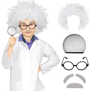 Haysandy Kids Mad Scientist Costume Crazy Physicist Costume Wig Lab Coat Glasses Mustache for 100th Day of School Cosplay (8-10T)