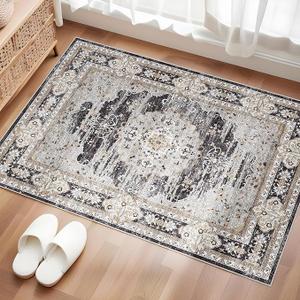 Washable Entryway 2x3 Rug: Small Boho Rugs for Indoor Entrance Non Slip Backing Stain Resistant Carpet Low Pile Throw Rugs for Bedroom Bedside Inside Front Door Floor Kitchen Decor(Black,2x3FT)