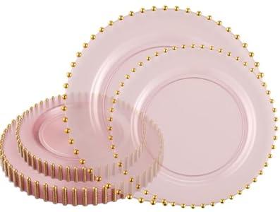 PLASTICPRO 32 Piece Combo Plastic Dinner Plates Disposable Plastic Fancy Heavy Duty Party Dishes 7 inch and 10 inch, Translucent Pink and Gold Beaded