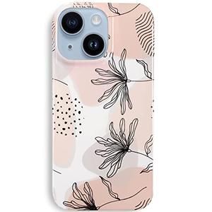 iPhone 15plus Case 6.1,Aesthetic Minimalist Boho Modern Abstract Prints Slim Geometric Line Plant Floral Pattern Pink Soft TPU Shockproof Cover Protective Phone Case for Women Leaves