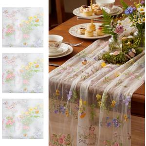 Ivory White Floral Table Runner 10ft Embroidery Tulle Spring Wildflower Table Runner Seasonal Summer Butterfly Kitchen Dining Gauze Decoration for Wedding Baby Shower Birthday Party (3 Pcs), 23.62 x 120.08 inches