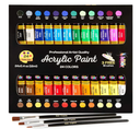 Acrylic Paint Set Canvas Art Paints 24 Colors Perfect Paint Finish (0.41oz,12 ml) With 3 Brushes - Painting Canvas, Paper, Wood, Rock, MDF, Ceramic & Fabric