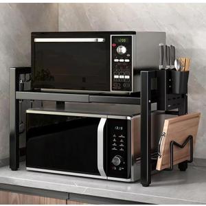 Extendable Microwave Oven Rack, 15.7~24.8" L Expandable Microwave Stand with Storage Shelf Heavy Duty with 6 Hooks and Chopsticks Cutting Board Holder for Kitchen Countertop