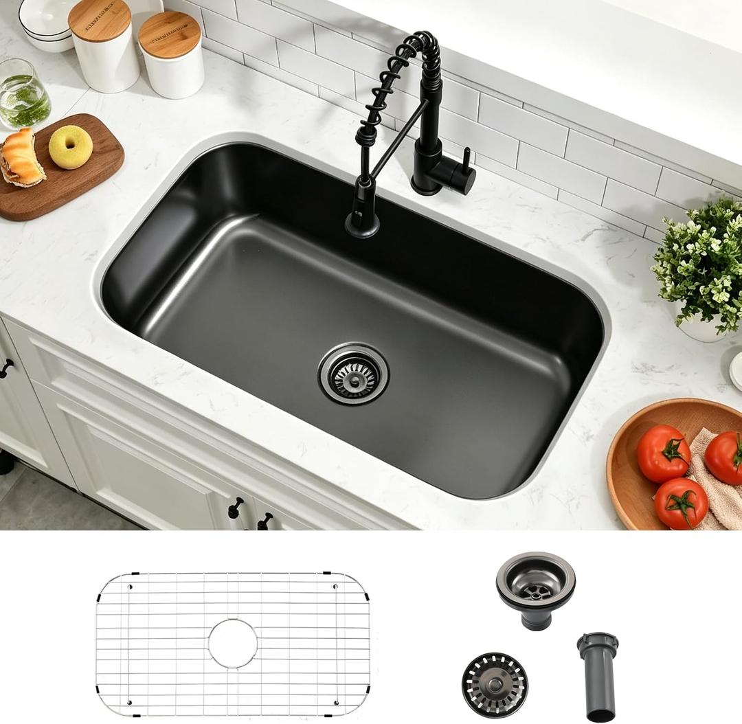 27 Inch Black Undermount Kitchen Sink Stainless Steel Large Corner, 27"D × 18"W × 9"H