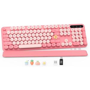 Wireless Keyboard, Round Keycaps, Retro Typewriter Keyboard with Detachable Wrist Rest, Sleep Mode, Foldable Legs, 2.4GHz Full-Size Cordless Computer Keyboard for Windows/PC/Laptop (Pale Pink Colors)