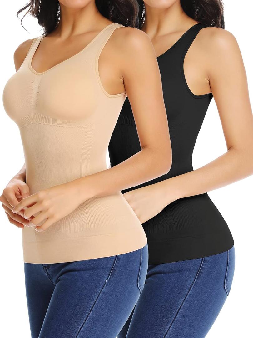 JOYSHAPER Women's Cami Shaper Tummy Control Padded Bra Camisole Cami Seamless Compression Tank Top Shapewear Body Shaper (Medium, 2 Pack(black+beige))