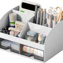 Desk Organizer with 6 Compartments and 2 Drawers, Plastic Makeup Organizer, Pen Holder for Desktop Storage, Desk Organization for School, Home, Office Supplies (Grey)