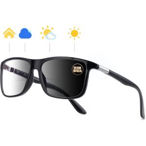 Missfive Photochromic Bifocal Reading Glasses Men Blue Light Protection, Designer Transition Retro Computer Readers Far and Near Dual-Use Lens Stylish Vintage Eyeglasses Glossy Black Eyewear, 1.5x