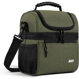 MIER Insulated Lunch Box Dual Compartment Lunch Bag Leakproof Cooler for Men Women Adult Work, Army Green, Medium (Upgraded Extra-Tall Bottom Layer)