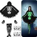 RunNico 5 Pcs Halloween Glowing Skeleton Hooded Poncho, 46'' Halloween Skeleton Cape Set with Gloves Socks Face Stickers, Day of The Dead Ghost Poncho Costume for Women Adult Themed Cosplay Party