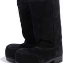 Platform Snow Boots for Women Suede Hippy Fur Boots Mid Calf Slip On Round Toe Winter Booties Comfortable Non-slip, Black, 8.5