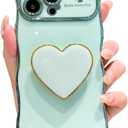 Compatible with iPhone 16 Pro Max Heart Holder case, Cute Wave Frame Curly Shape with Love Heart Kickstand Raised Camera Protection Cover Luxury Plating Shockproof (Green, For iPhone 16 Pro Max)