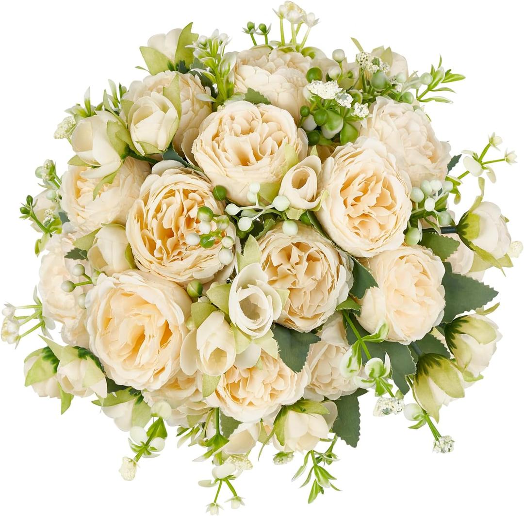 Mkono Peonies Artificial Flowers, Small Silk Flowers for Home Decor Indoor Fake Bouquet Faux Floral Arrangements Dining Table Centerpieces for Kitchen Party Decor Champagne