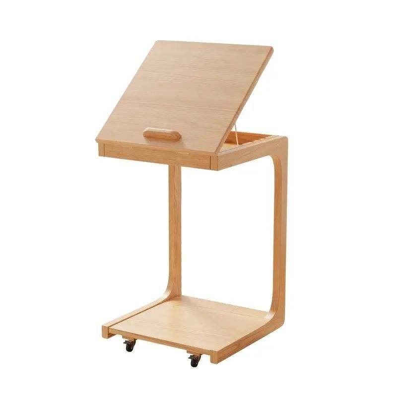 Custom C-shaped Sofa Side Table Wood Coffee Table Living Room Furniture Adjustable Bamboo Sofa Side Table With Rotating Wheel