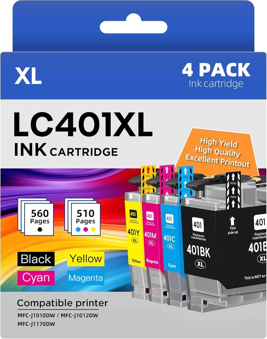 LC401XL Ink Cartridges Compatible Replacement for Brother LC 401 XL LC401XL LC-401 High Yield use to Brother MFC-J1010DW MFC-J1012DW MFC-J1170DW Printer (Black, Cyan, Magenta, Yellow, 4 Pack)